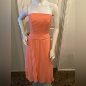 Bridesmaid dress. Strapless, A-line, tea length. Chiffon & Satin fabric.
